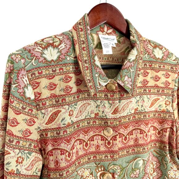 Coldwater Creek Sz Large Tapestry Jacket Red Green Long Sleeve Blouse Shirt Top - Picture 3 of 7
